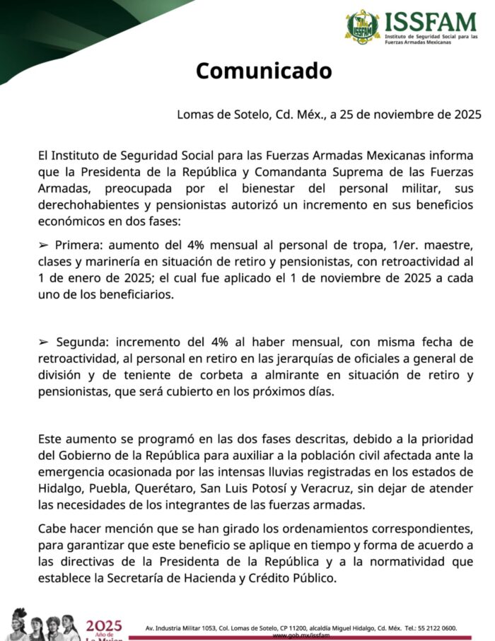 sheinbaum autoriza aumento de pensión a militares jubilados tras anuncio de protesta castrense