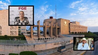 Edificio de la Fiscalía General del Estado de Veracruz; en recuadros, la fiscal Verónica Hernández Giadáns y el alcalde de Coahuitlán