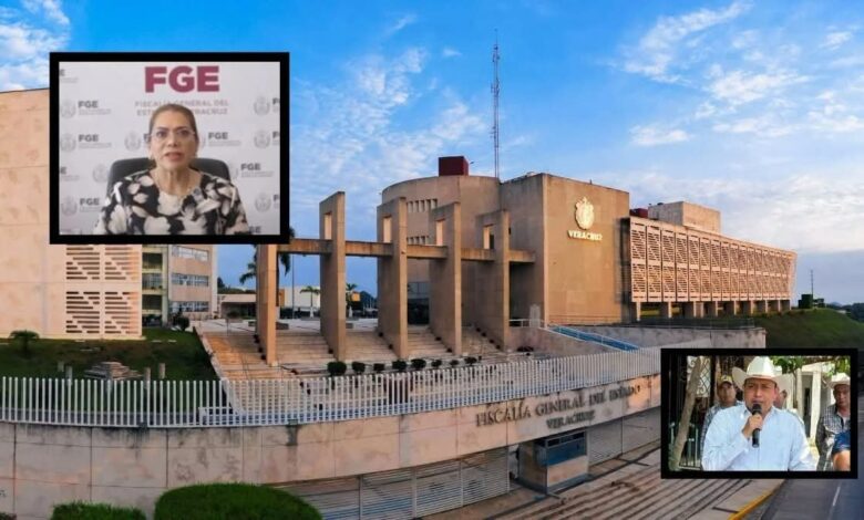 Edificio de la Fiscalía General del Estado de Veracruz; en recuadros, la fiscal Verónica Hernández Giadáns y el alcalde de Coahuitlán