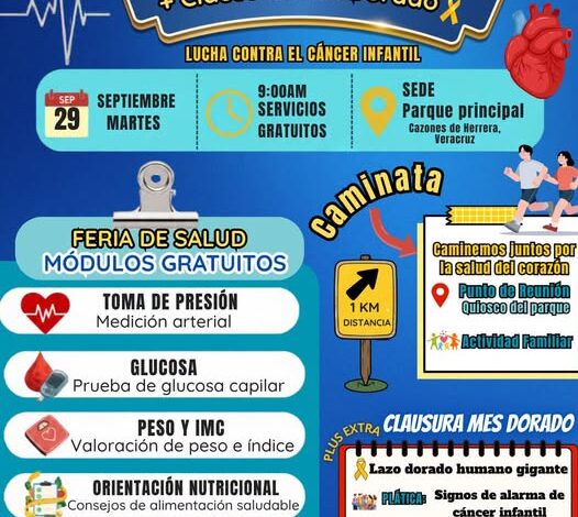 Cartel de la Caminata Conmemorativa por el Día del Corazón y el Mes Dorado en Cazones