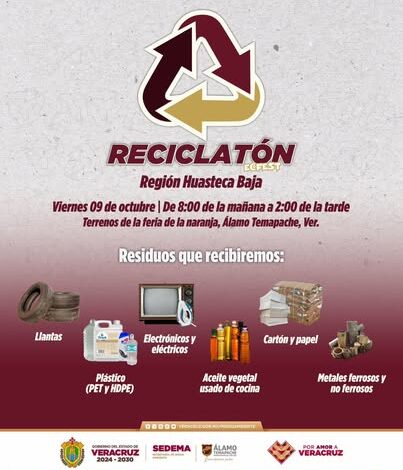 Anuncio del Reciclatón EcoFest en Álamo Temapache: jornada de acopio el 9 de octubre en los Terrenos de la Feria de la Naranja