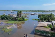 Vista aérea de la comunidad de Yameto, en Navolato, Sinaloa, inundada por los efectos del huracán Polo