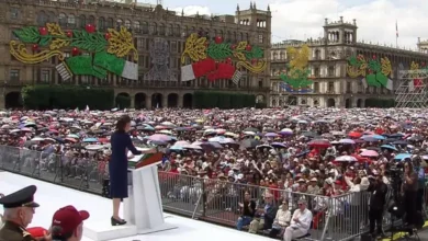 La presidenta Claudia Sheinbaum durante su mensaje en el Zócalo de la Ciudad de México en el cierre de su Segundo Informe
