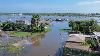 Vista aérea de la comunidad de Yameto, en Navolato, Sinaloa, inundada por los efectos del huracán Polo