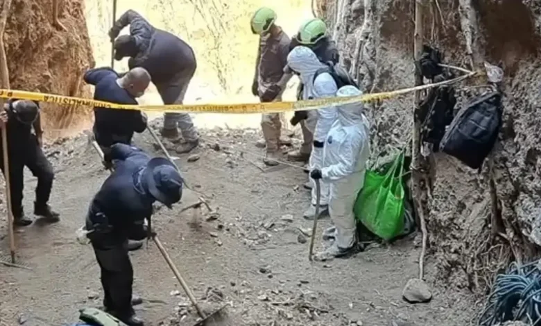 Personal forense con trajes de protección trabaja en una excavación acordonada