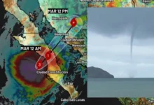 Tromba marina sobre el mar frente a la costa, con mapa de la trayectoria del huracán Polo