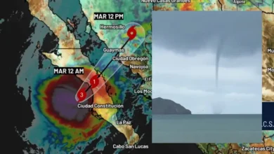 Tromba marina sobre el mar frente a la costa, con mapa de la trayectoria del huracán Polo