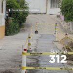 Calle González Ortega en Tuxpan tras trabajos de bacheo del programa municipal, punto 312, acordonada con cinta de precaución
