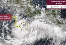 Mapa satelital de la Conagua y el SMN con la ubicación de la tormenta tropical Rachel frente al Pacífico mexicano