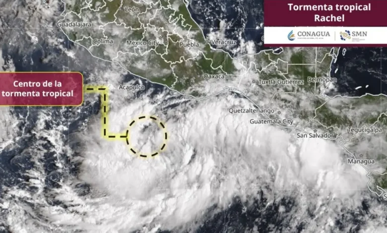 Mapa satelital de la Conagua y el SMN con la ubicación de la tormenta tropical Rachel frente al Pacífico mexicano