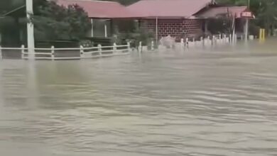 Agua turbia cubre el terreno junto a un Oxxo en la carretera federal 127, con la sierra al fondo