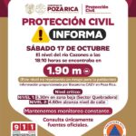 Boletín de Protección Civil de Poza Rica: el río Cazones en 1.90 m a las 18:10 del sábado. (Gobierno de Poza Rica)