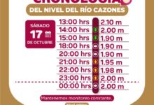 Cronología oficial del nivel del río Cazones, sábado 17 de octubre: de 2.10 m a las 13:00 a 2.00 m a las 00:00. (Gobierno de Poza Rica / Protección Civil)