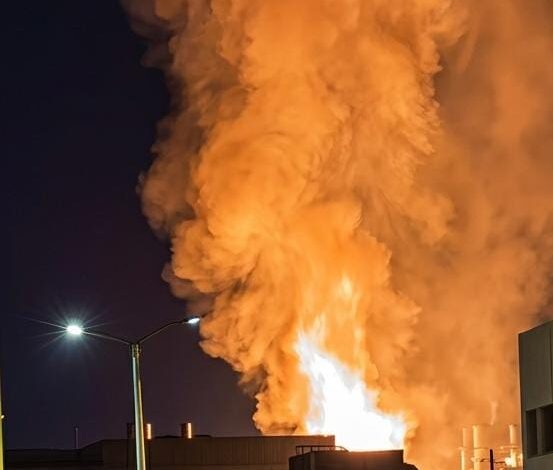 Columna de fuego y humo en la planta de polietileno del Complejo Petroquímico La Cangrejera, de noche