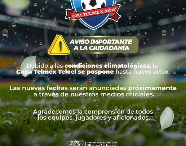 Aviso oficial del Ayuntamiento de Tamiahua: la Copa Telmex Telcel se pospone hasta nuevo aviso por las condiciones climatologicas.
