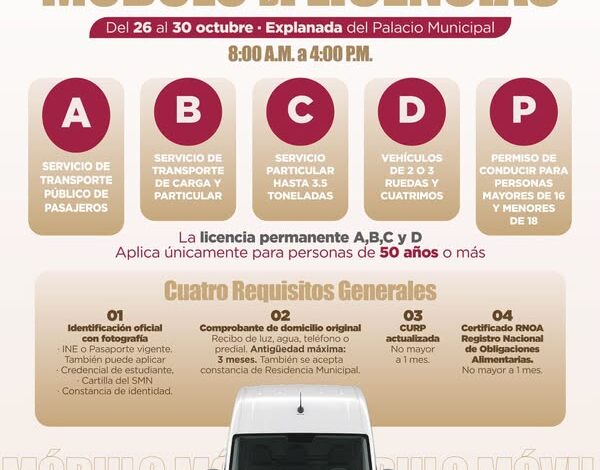 Flyer oficial del Módulo de Licencias en Cerro Azul, del 26 al 30 de octubre