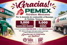 Gráfico oficial del H. Ayuntamiento de Tantima: anuncio de la donación de Petróleos Mexicanos — 5,000 litros de gasolina Magna y 5,000 litros de diésel al municipio, acuerdo DAS/088/2026, ficha GRS/DE/124/2026.
