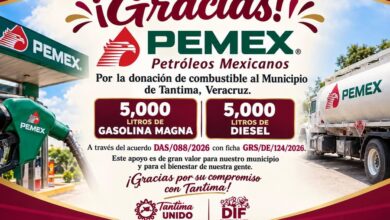Gráfico oficial del H. Ayuntamiento de Tantima: anuncio de la donación de Petróleos Mexicanos — 5,000 litros de gasolina Magna y 5,000 litros de diésel al municipio, acuerdo DAS/088/2026, ficha GRS/DE/124/2026.
