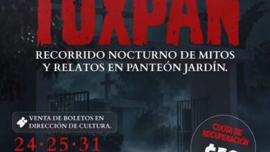 Volante oficial del recorrido nocturno Sombras y Relatos de Tuxpan en el Panteón Jardín