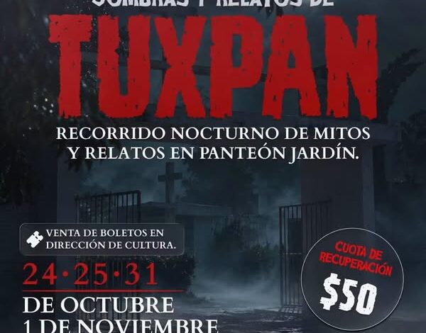 Volante oficial del recorrido nocturno Sombras y Relatos de Tuxpan en el Panteón Jardín