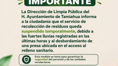 Aviso oficial: suspensión temporal de la recolección de basura en Tamiahua por lluvias y desbordamiento en el acceso al relleno sanitario