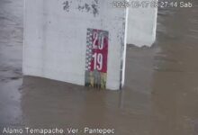 Cámara de monitoreo del río Pantepec en el puente José López Portillo, Álamo Temapache, la mañana del 17 de octubre de 2026