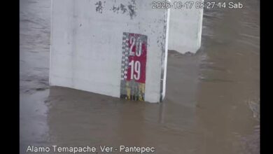 Cámara de monitoreo del río Pantepec en el puente José López Portillo, Álamo Temapache, la mañana del 17 de octubre de 2026