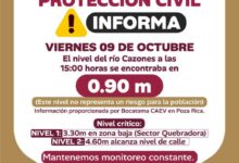Boletín de Protección Civil de Poza Rica: el nivel del río Cazones a las 15:00 horas se encontraba en 0.90 metros, sin riesgo para la población