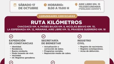 Infografía oficial: jornada El Ayuntamiento en tu Comunidad en la Ruta Kilómetros, sábado 17 de octubre, Telesecundaria Emiliano Zapata, Aire Libre km 15