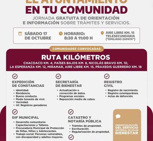Infografía oficial: jornada El Ayuntamiento en tu Comunidad en la Ruta Kilómetros, sábado 17 de octubre, Telesecundaria Emiliano Zapata, Aire Libre km 15