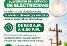 Aviso del Ayuntamiento de Tamiahua: suspensión del servicio de electricidad hoy de 9:00 a.m. a 4:00 p.m.
