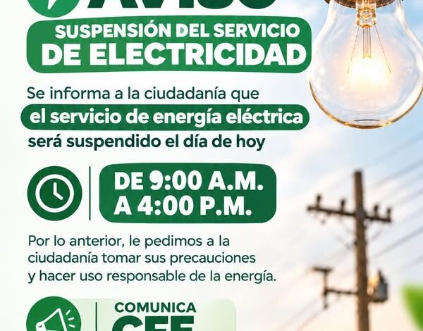 Aviso del Ayuntamiento de Tamiahua: suspensión del servicio de electricidad hoy de 9:00 a.m. a 4:00 p.m.
