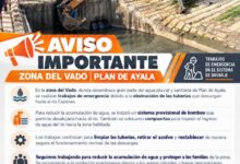 Aviso oficial del H. Ayuntamiento de Tihuatlán sobre trabajos de emergencia en el sistema de drenaje en la zona de El Vado, Plan de Ayala
