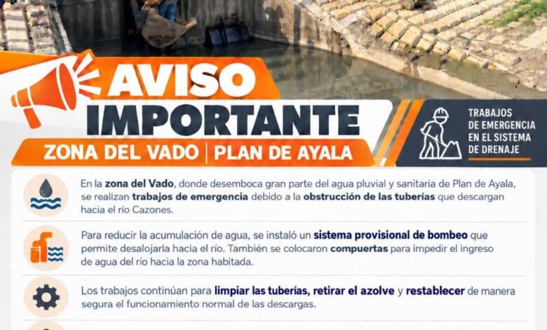 Aviso oficial del H. Ayuntamiento de Tihuatlán sobre trabajos de emergencia en el sistema de drenaje en la zona de El Vado, Plan de Ayala