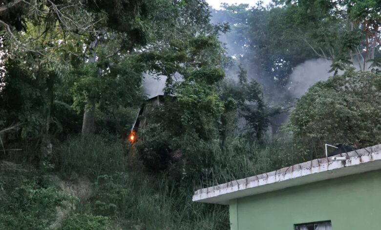 Fuego y humo entre árboles en la calle Hernández y Hernández, Tuxpan