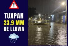 Calle inundada en Tuxpan la noche del 21 de octubre de 2026; Radar Tuxpan registró 23.9 mm de lluvia