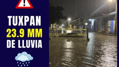 Calle inundada en Tuxpan la noche del 21 de octubre de 2026; Radar Tuxpan registró 23.9 mm de lluvia