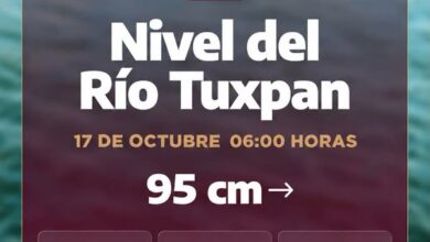 Gráfico oficial de Protección Civil de Tuxpan: nivel del río Tuxpan, 17 de octubre, 06:00 horas, 95 centímetros, estable.